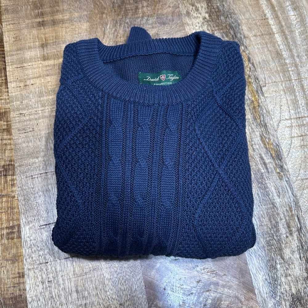 David Taylor Sweater Mens XL Navy Blue Cable Diamond Knit 100% Cotton Pullover